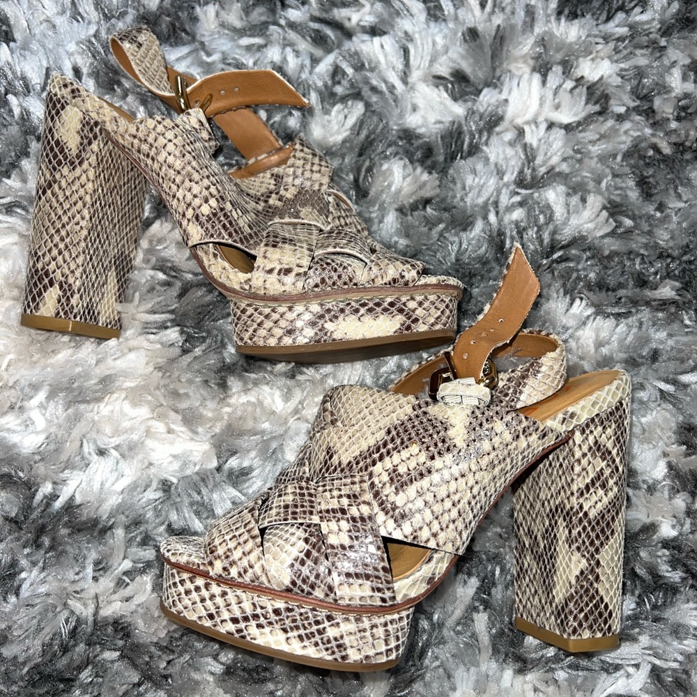 Michael Kors Leather Snake Embossed Platform Heeled Sandals
